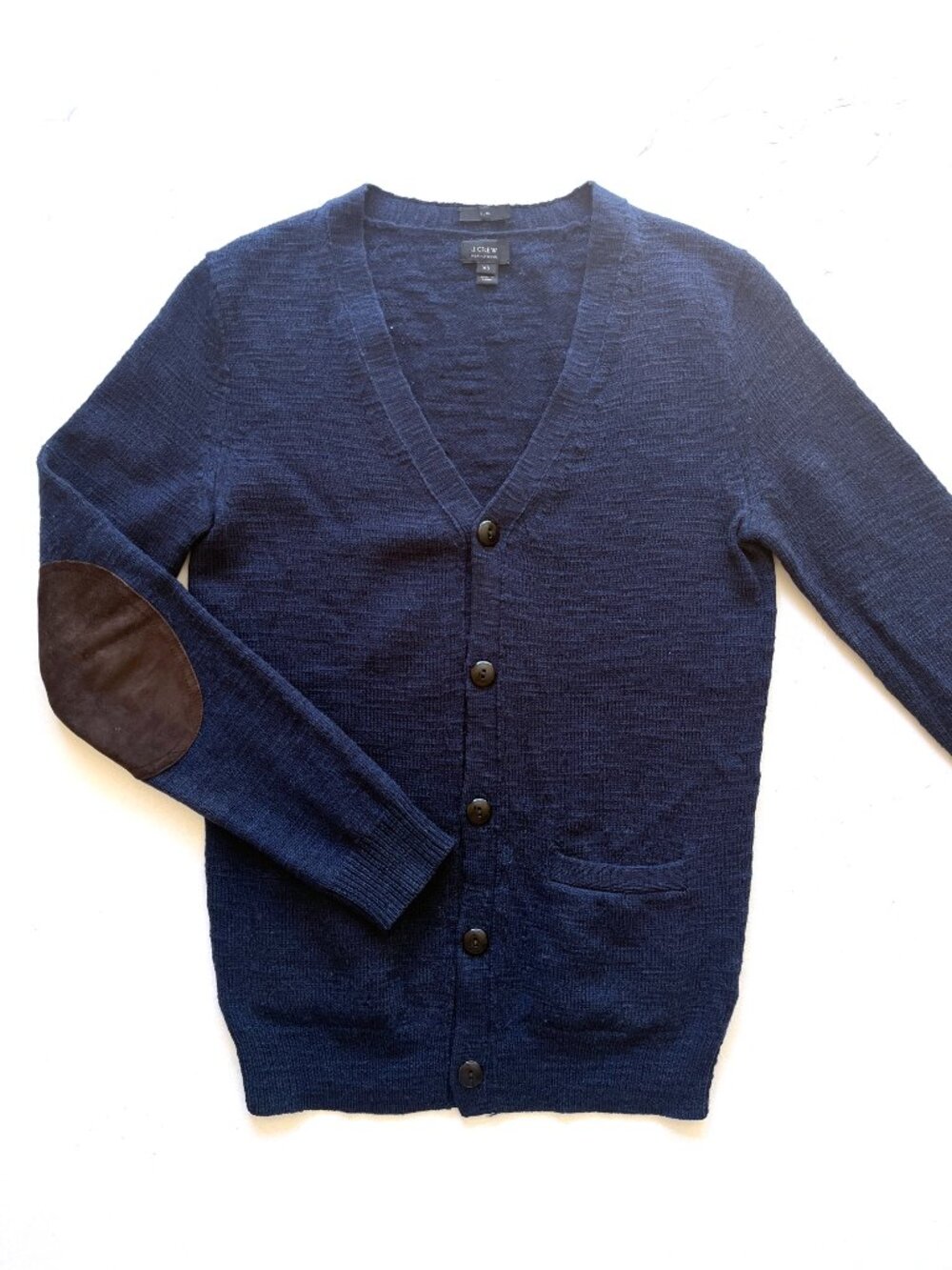 J. Crew Preppy Navy Blue Merino Wool Cardigan Sweater w/ Suede Elbow Patches XS